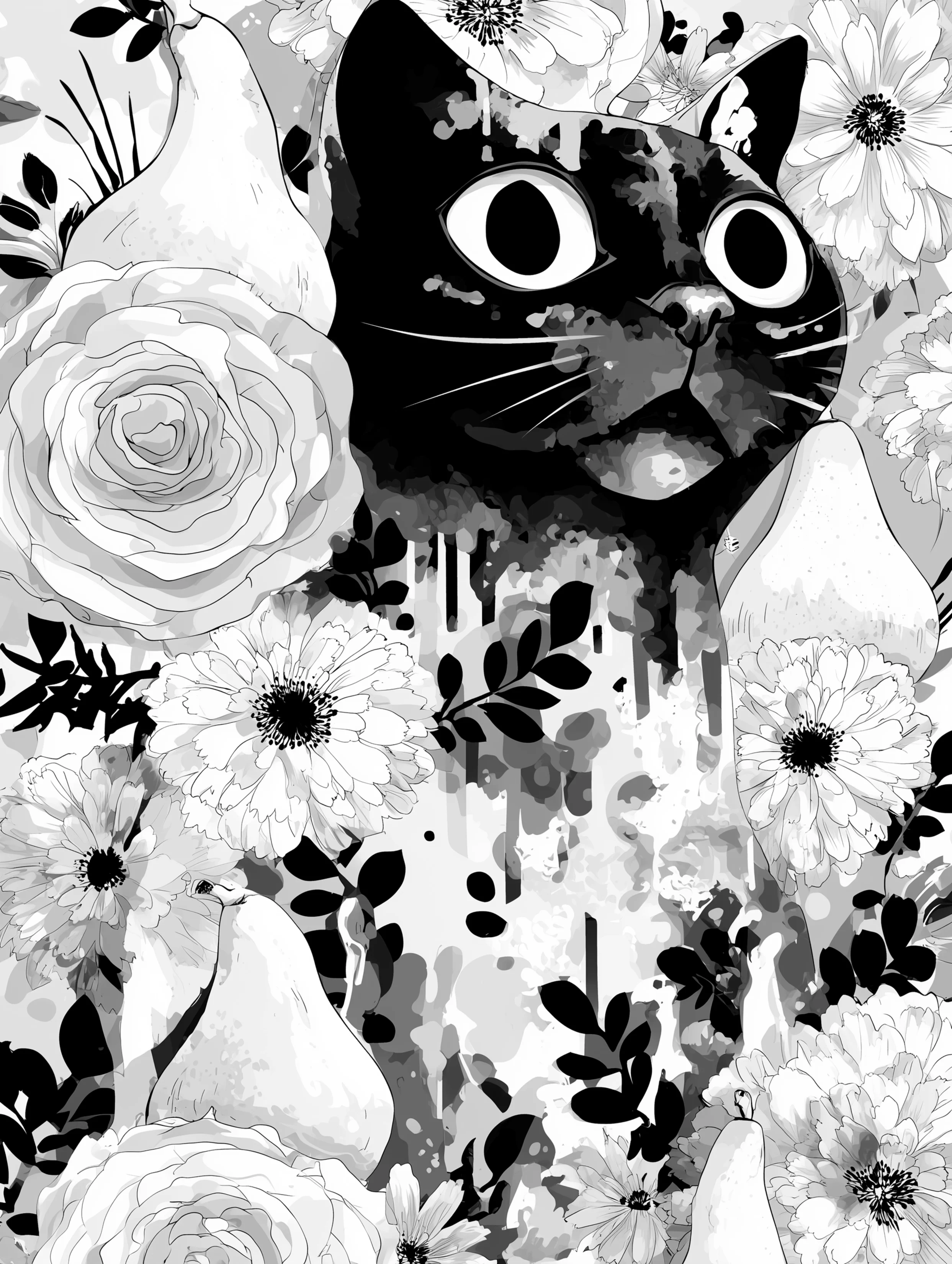Free printable black cat coloring page for adults featuring wide eyed black cat